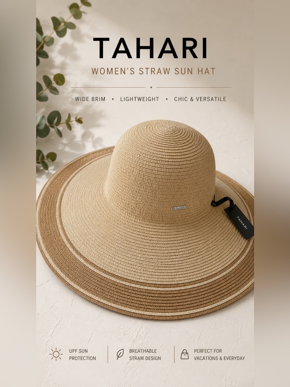 Tahari Women’s Wide Brim Straw Sun Hat Two-Tone Beige Tan Packable Beach Vaca